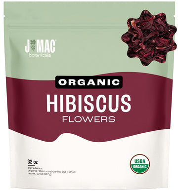 J MAC BOTANICALS Certified Organic Hibiscus Flower (2 Pounds), Hibiscus Tea, Cut & Sifted Flowers, Flor de Jamaica