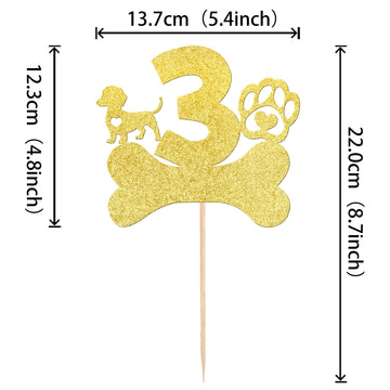 1 Pcs 3Rd Birthday Cake Topper With Gold Glitter Dog Paw Three Years Old Birthday Cake Pick Puppy Dog Bone Cake Decorations For