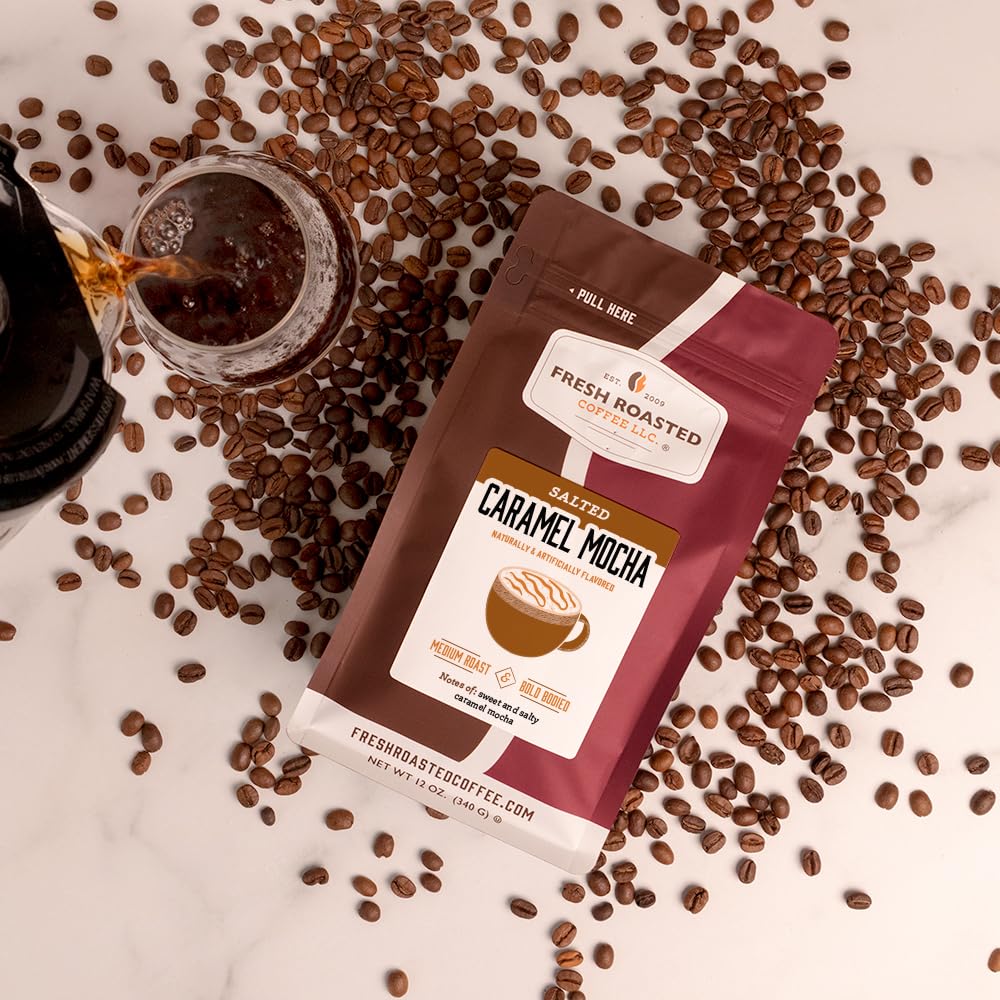 Fresh Roasted Coffee Salted Caramel Mocha Flavored Whole Bean Coffee 12 oz Medium Roast Kosher