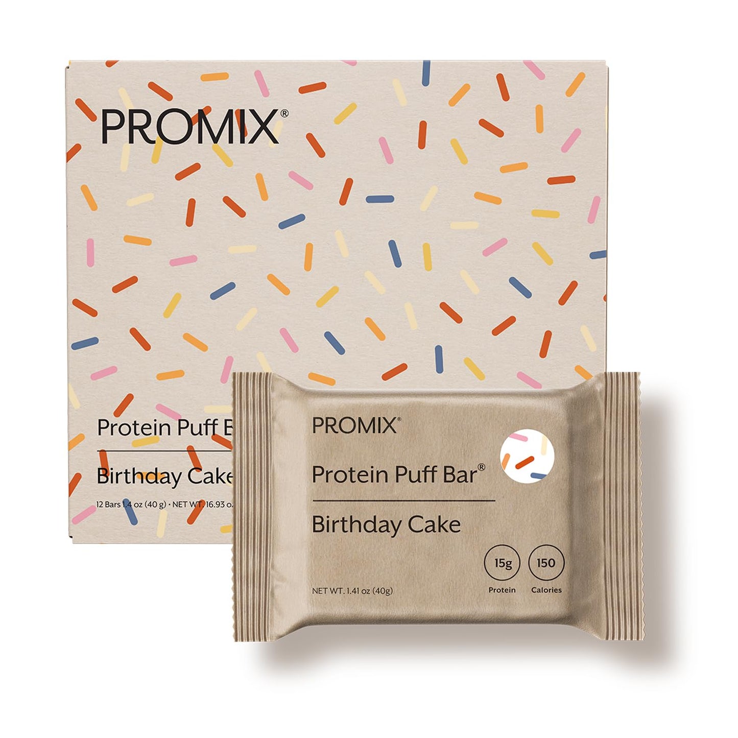 Promix Nutrition Protein Puff Bars - Birthday Cake - Marshmallow Crispy Treat - Great Tasting & Healthy On The Go Snack - High Protein & Low Calorie - Free From Gluten, Soy, & Corn - 12 Bars