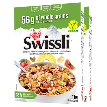 Swissli Muesli 35% Fruit & Nuts - 1kg/35 Ounce Boxes - 2 Pack - NON GMO/Authentic European Made Muesli/VEGAN