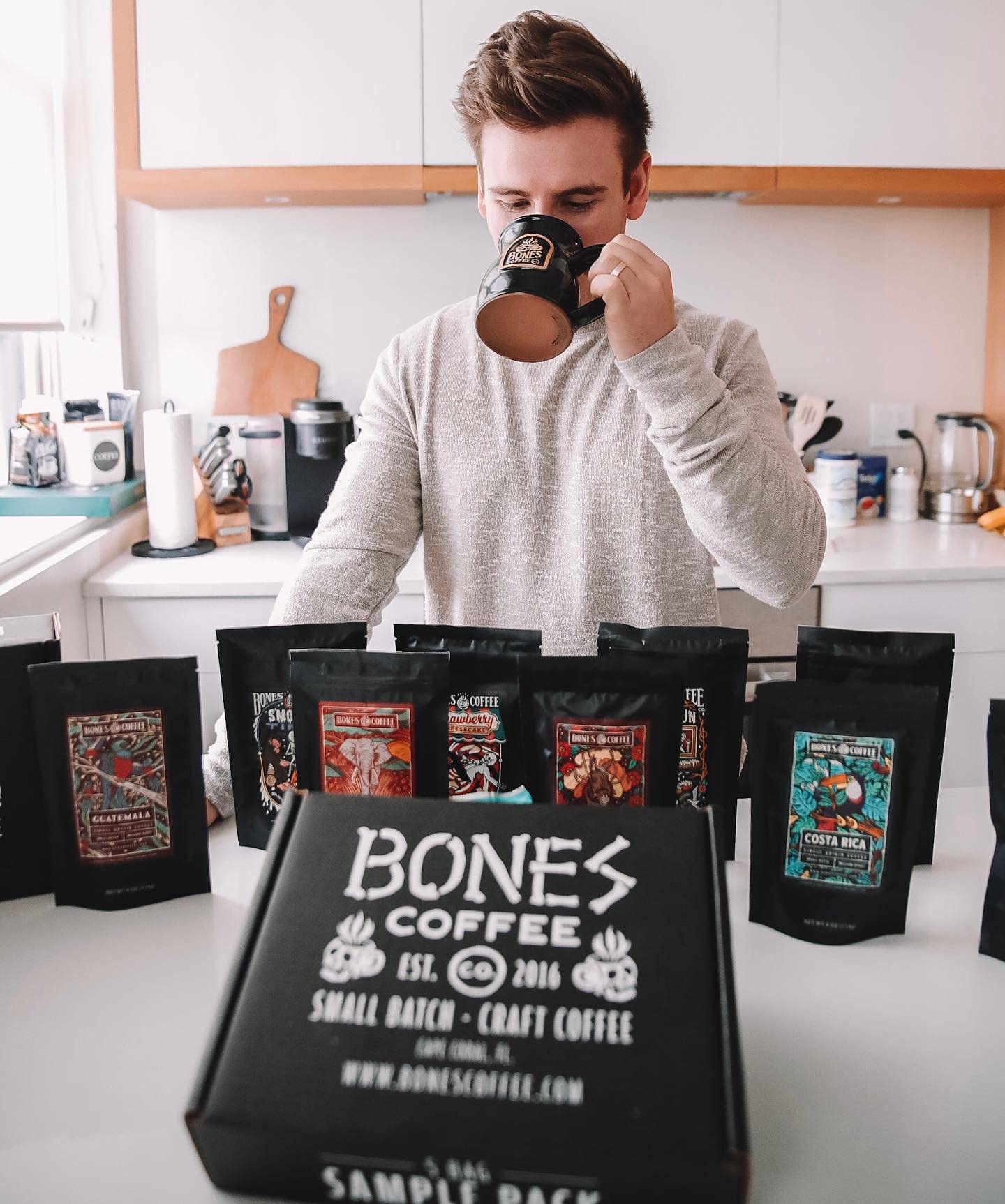 Bones Coffee Company Highland Grog, Butterscotch Caramel Flavored Coffee, Medium Roast Low Acid Arabica Beans Compatible with Au