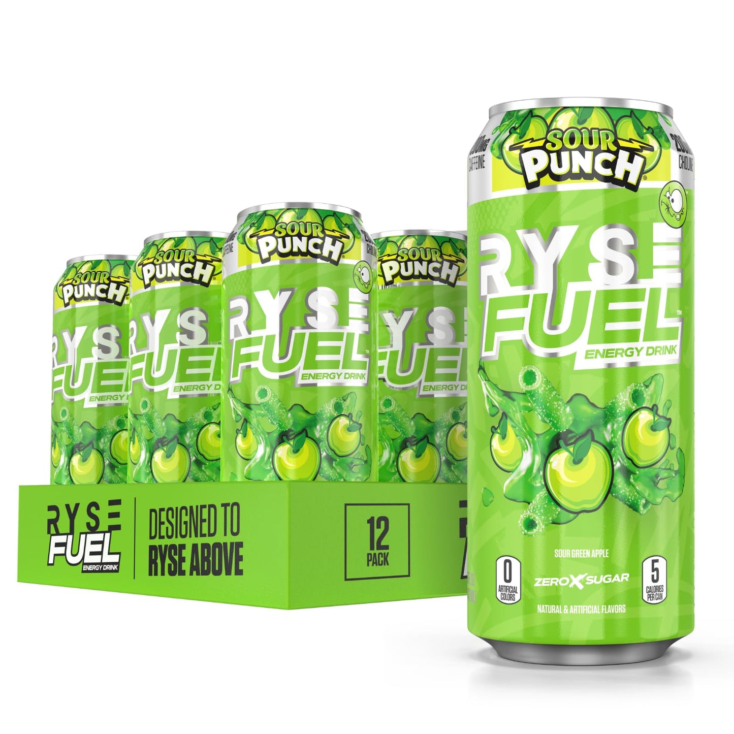 RYSE Fuel Energy Drink - Sour Punch Green Apple - Sugar Free & Vegan - 200mg Caffeine - 16 fl oz Cans (12-Pack)