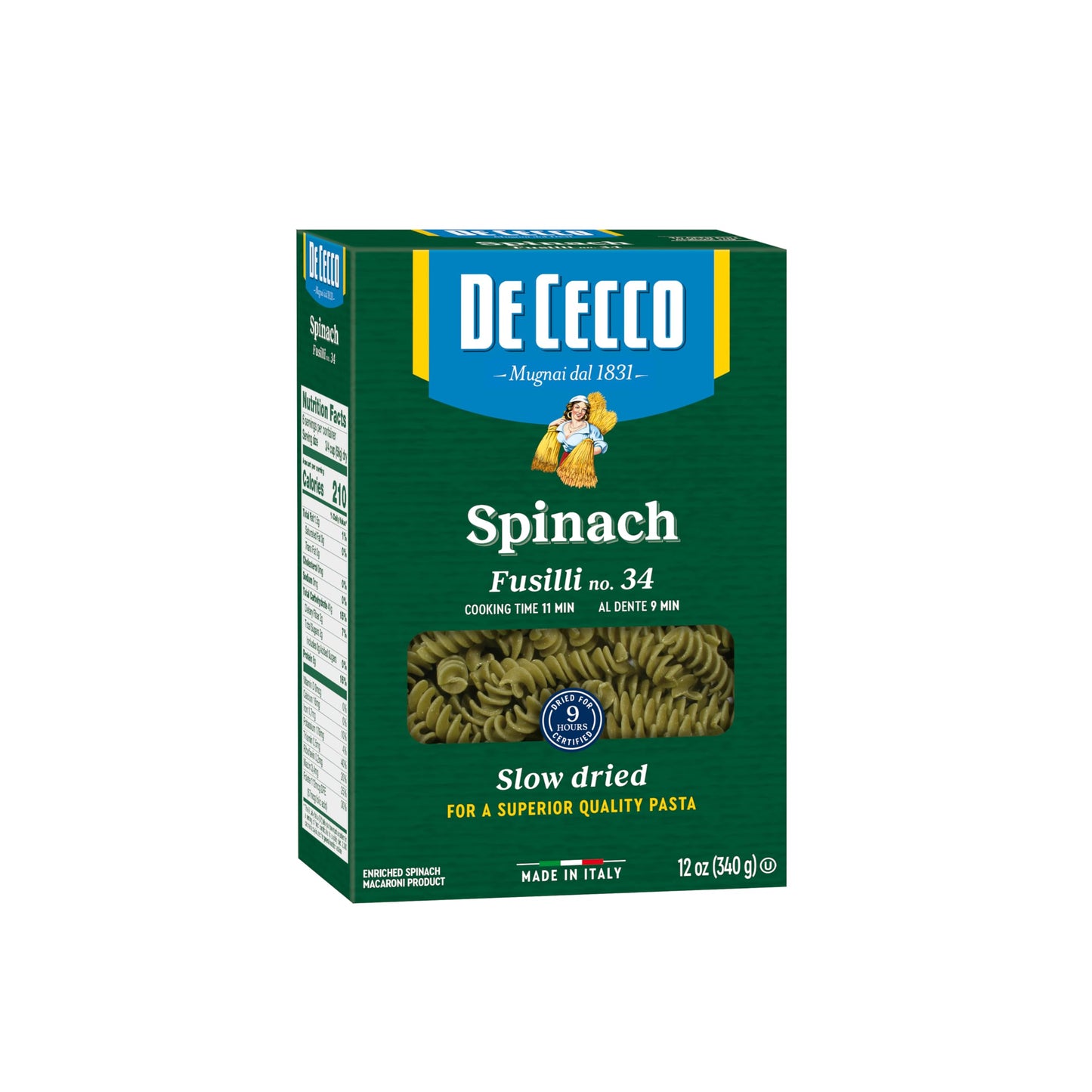 De Cecco Pasta, Spinach Fusilli No.34, 12 Oz (Pack Of 12) - Made In Italy, High In Protein & Iron, Bronze Die (Vkp0034)