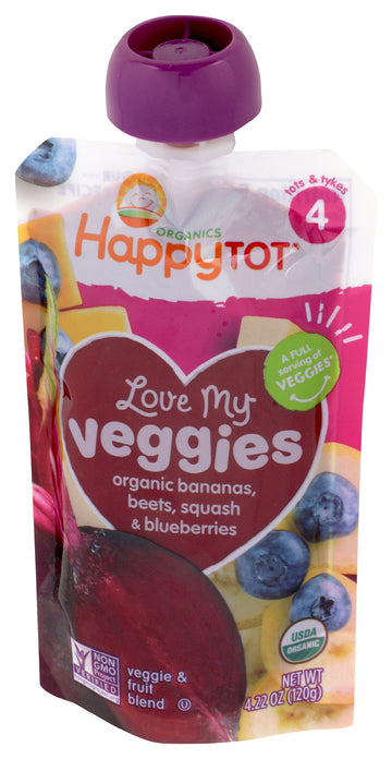 Happy Tot Love My Veggies Stage 4 Organic Toddler Food Banana Beet Squash & Blueberry, 4.22 Ounce Pouch Organic Baby Food/Toddle