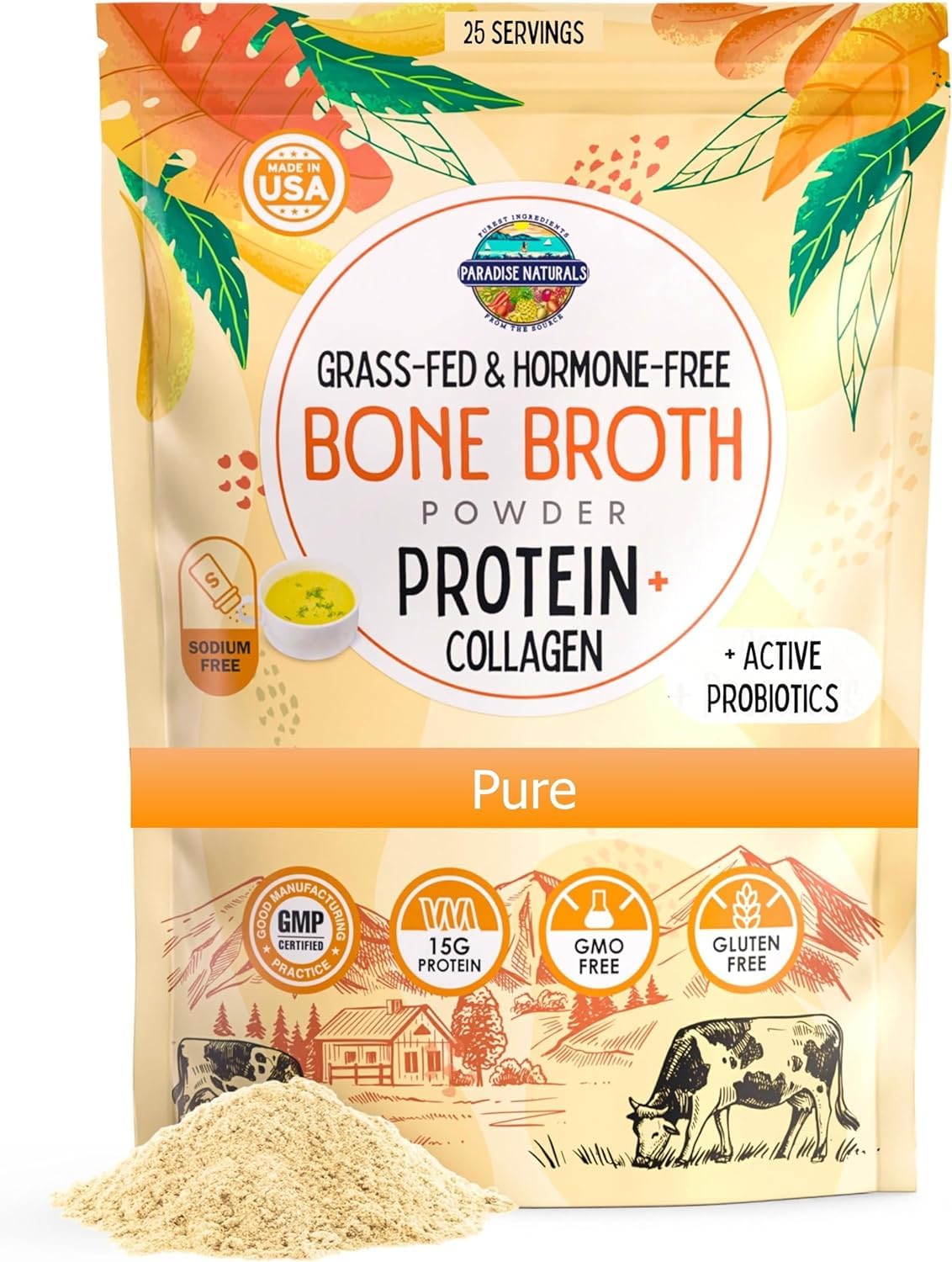 Paradise Naturals 100% Grass-Fed Organic Beef Bone Broth Powder Probiotics Collagen 15G Protein Non-Gmo Low Sodium Gut Health Paleo Keto Gluten-Free Healthy Skin Hair Joints - 25 Servings