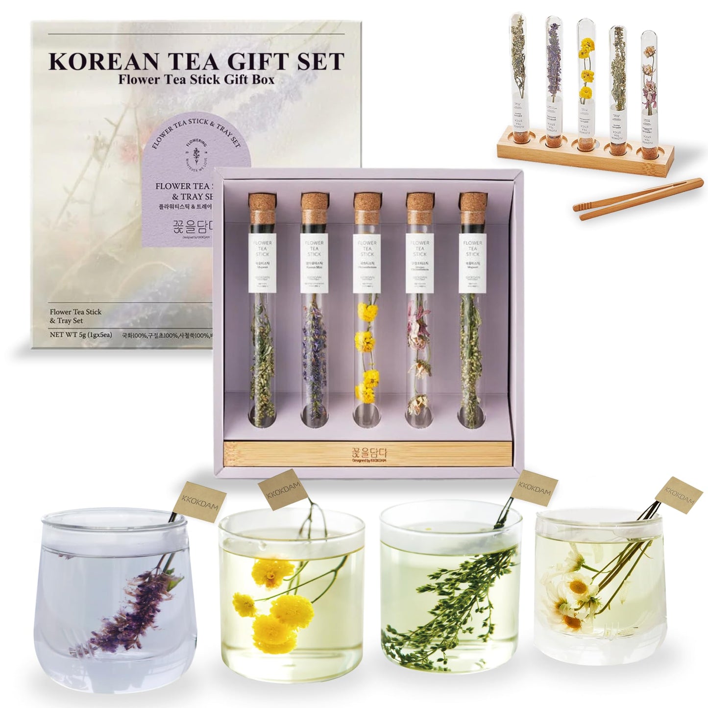 Kkokdam Fancy Korean Tea Gift Set – Enhanced Flower Tea Stick Variety Pack With Tray - 5 Loose Leaf Blooming Flower Teas