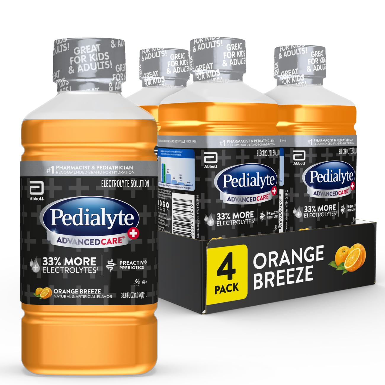 Pedialyte AdvancedCare Plus Electrolyte Solution, Orange Breeze, Hydration Drink Has PreActiv Prebiotics, 1 Liter, Pack of 4