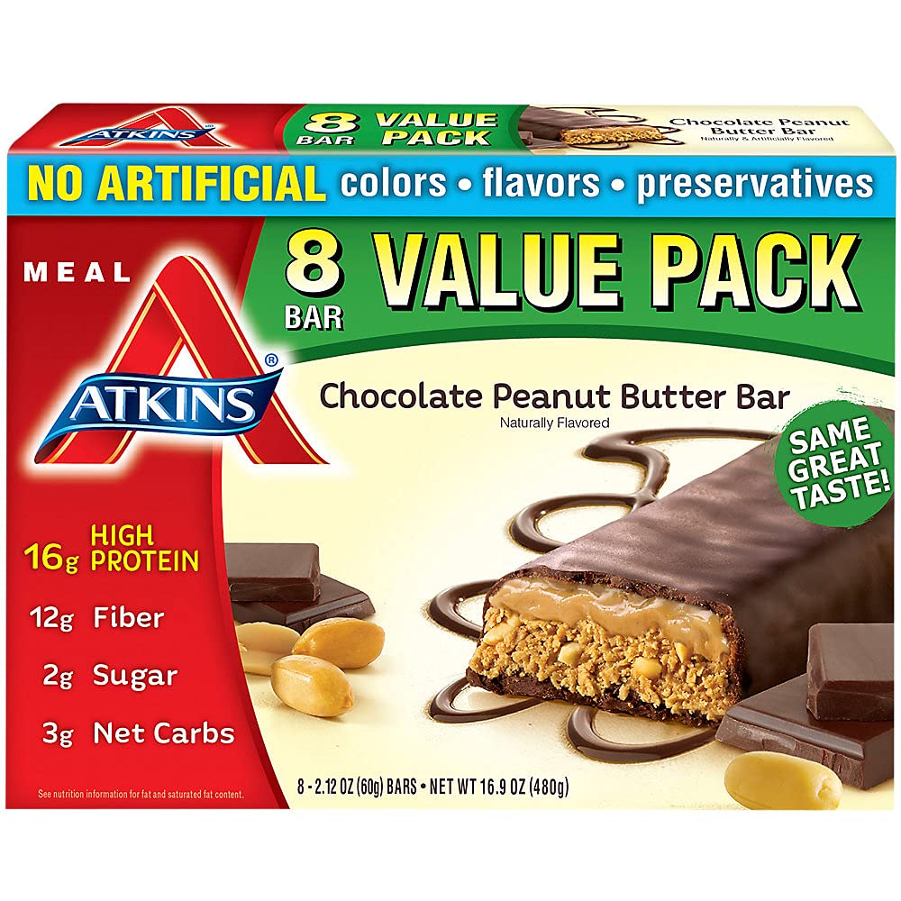 Atkins Chocolate Peanut Butter Protein Meal Bar, High Fiber, 16g Protein, 2g Sugar, 3g Net Carb, Meal Replacement, Keto Friendly