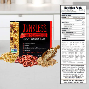 Junkless Strawberry Chewy Granola Bars - 100% Real Strawberries - Less Sugar, Great Tasting, Wholesome Snacks - Bulk Granola Bar