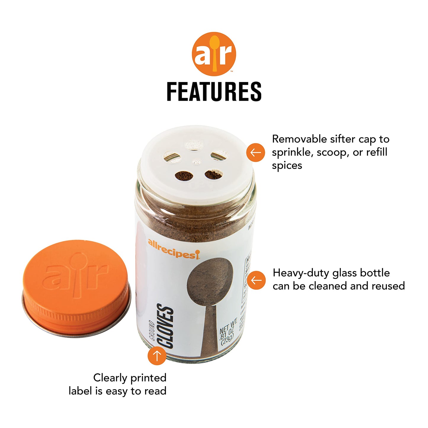 Allrecipes Sweet Spices Set of 3 in Glass Jars with Sifter Caps, 3-ounce, Clear