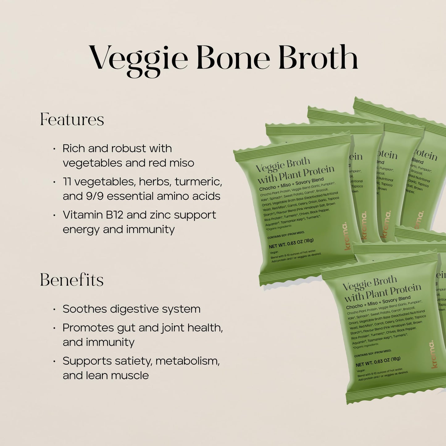 KROMA Vegetable Broth Powder Mix, Gluten Free, Vegan, 7 Packets, Plant Protein, Organic Ingredients
