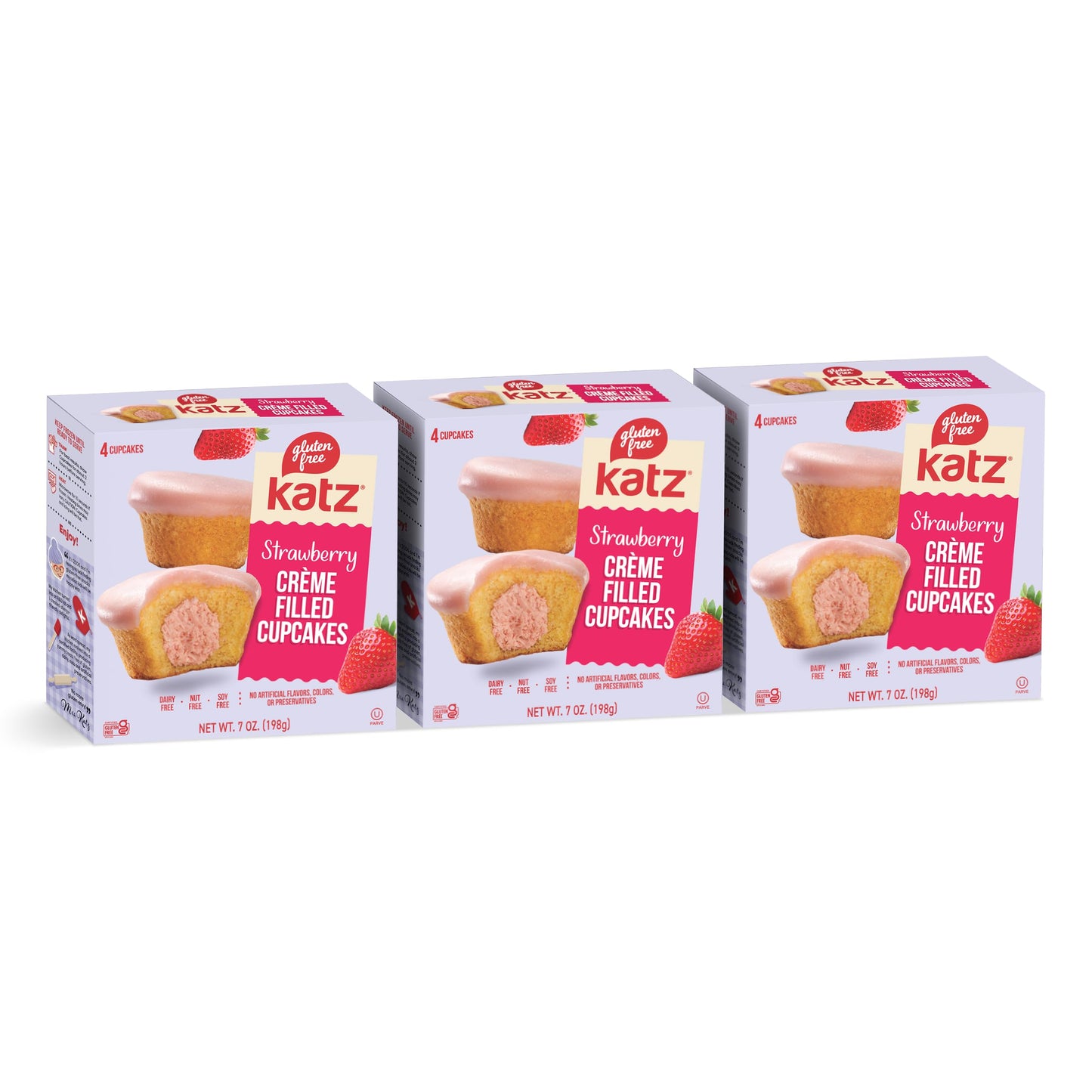 Katz Gluten Free Creme Filled Strawberry Cupcakes. Free of Dairy, Peanuts, Tree Nuts, and Sesame. Kosher, 7oz (3Pk)