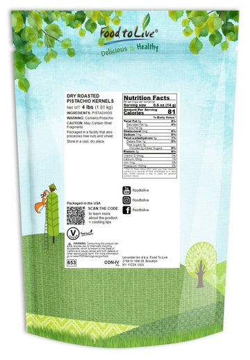 Food to Live Dry Roasted Pistachio Kernels, Unsalted, No Oil Added, 4 LB