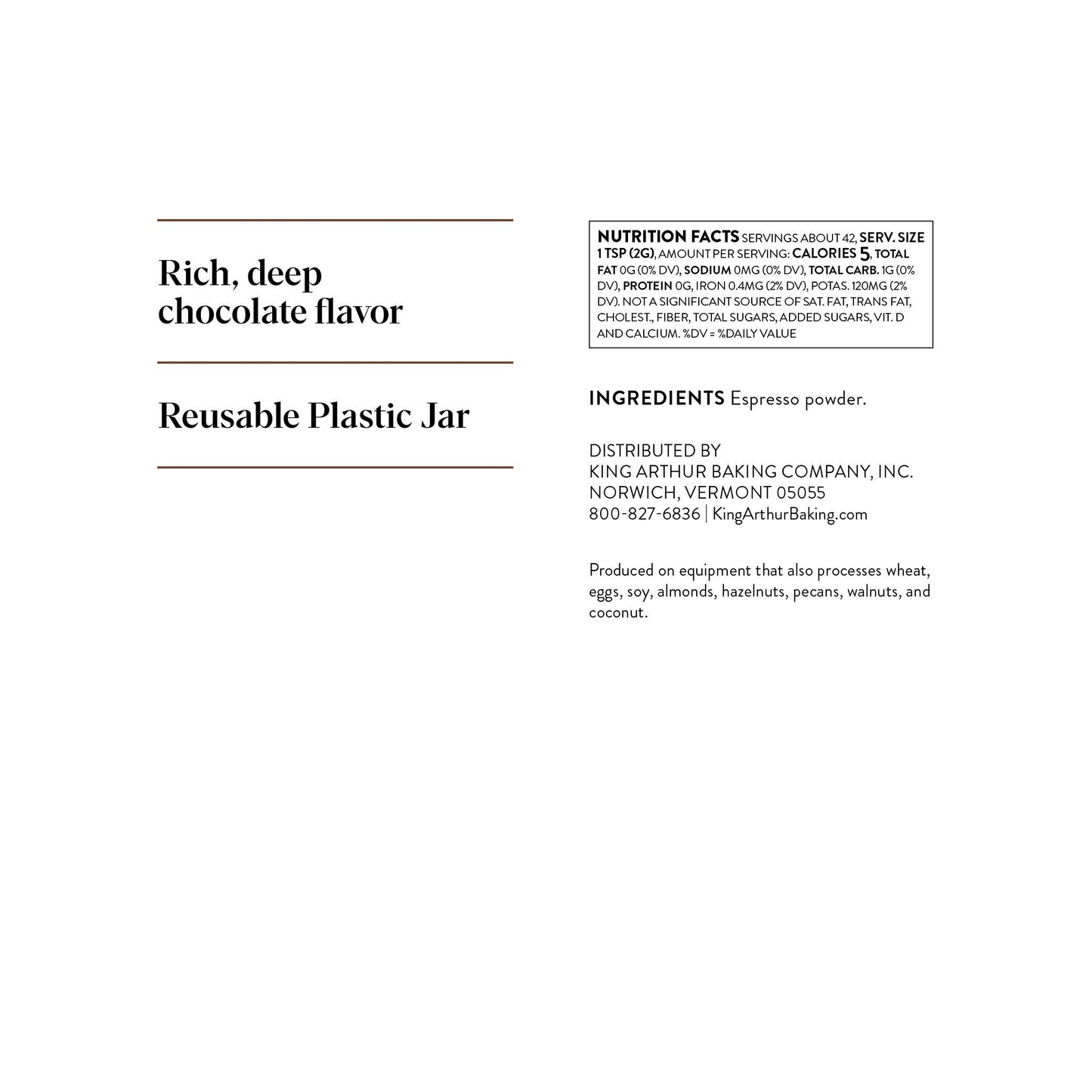 King Arthur Espresso Powder: Premium Baking Extract For Rich Chocolate Flavoring, 3 Oz Reusable Jar, Kosher Certified - Enhance Your Desserts With Instant Coffee Intensity