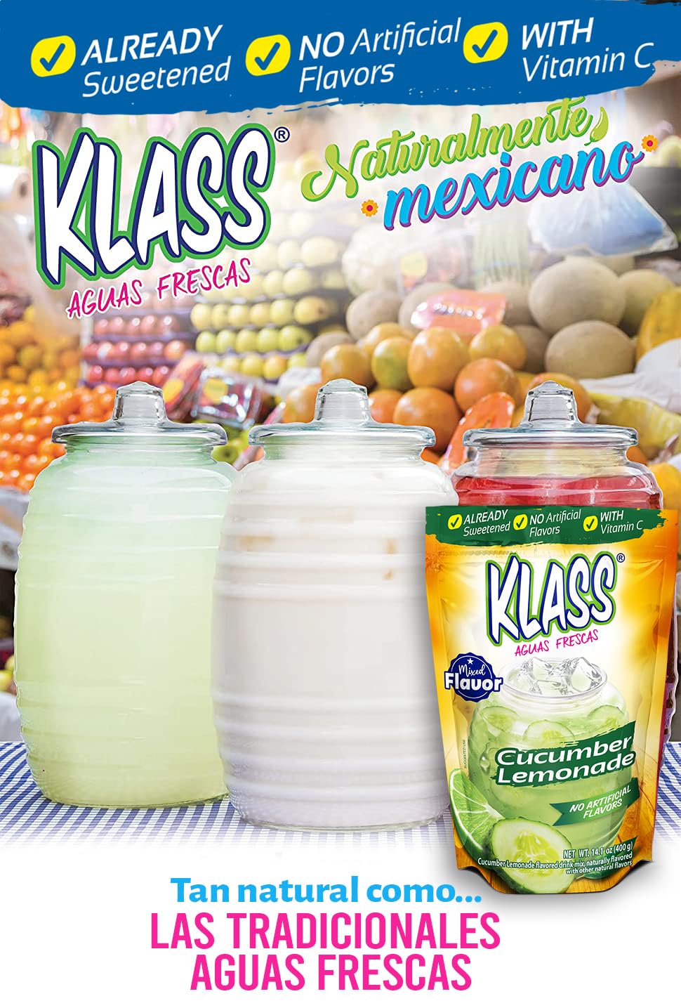 Klass Aguas Frescas | Drink Mix Cucumber Limeade | Flavors From Natural Sources, No Artificial Flavors, With Vitamin C (Makes 7 To 9 Quarts) 14.1 Oz Family Pack (4-Pack)