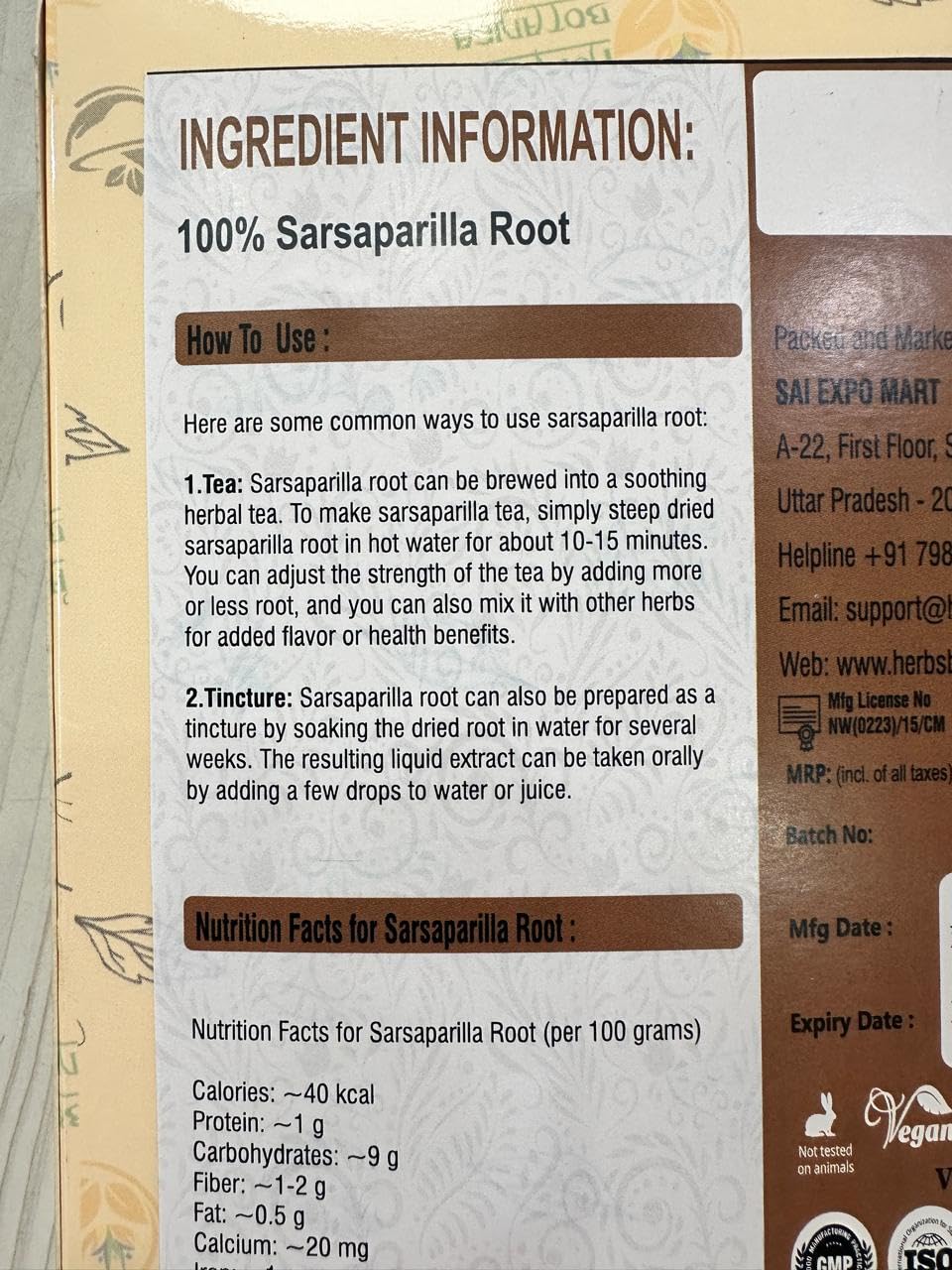 Herbs Botanica Sarsaparilla Root - Natural Herbal Tea Ingredient, 16 oz