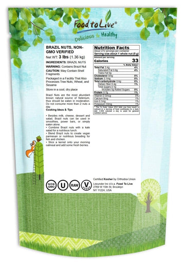 Food To Live Raw Brazil Nuts, 3 Pounds - Non-Gmo Verified, Raw, Whole, No Shell, Unsalted, Kosher, Vegan, Keto And Paleo Friendl