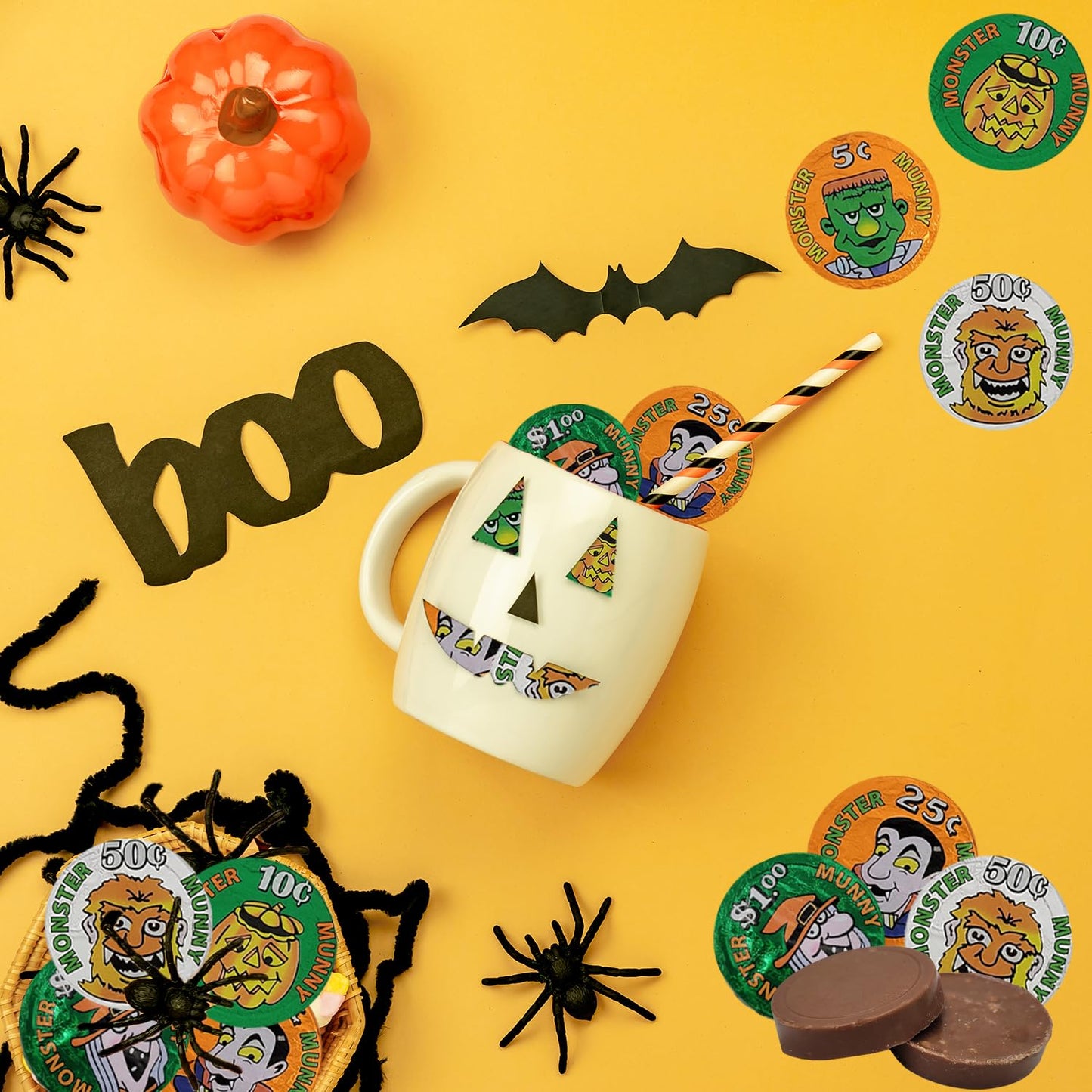 Fruidles Halloween Monster Money Coins, Trick-or-Treat Fillers, 1 Pound, Individually Wrapped, Orange/Green/Silver Foil