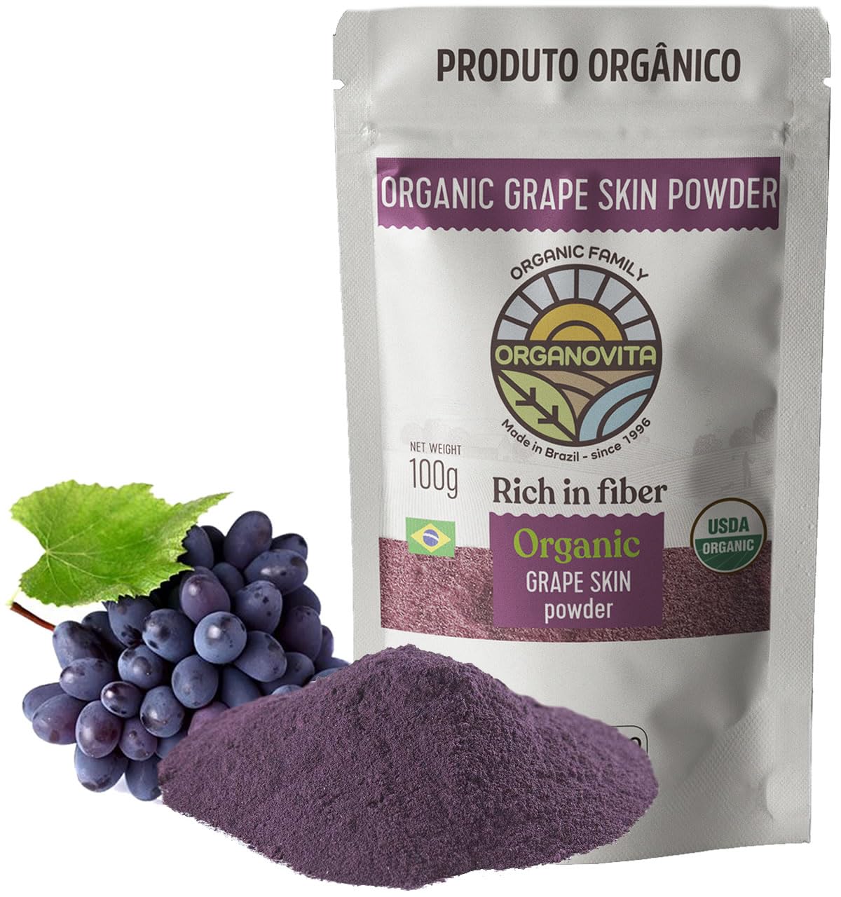 ORGANOVITA | Organic Grape Skin Powder | Blend in Smoothies, Cakes | High Fiber Content, Made w/Cold-Pressed Natural Ingredients