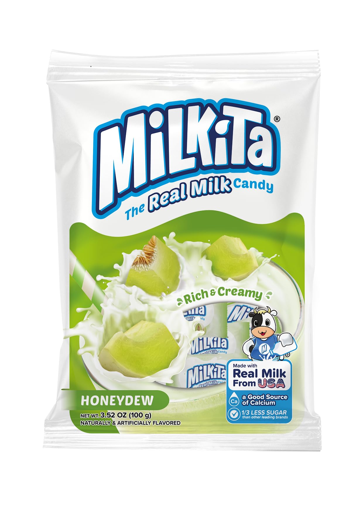 Milkita Creamy Shake Candy Bag, Gluten Free Chewy Candies With Calcium & Real Milk, Zero Trans Fat, Low-Sugar, Honeydew Flavor,