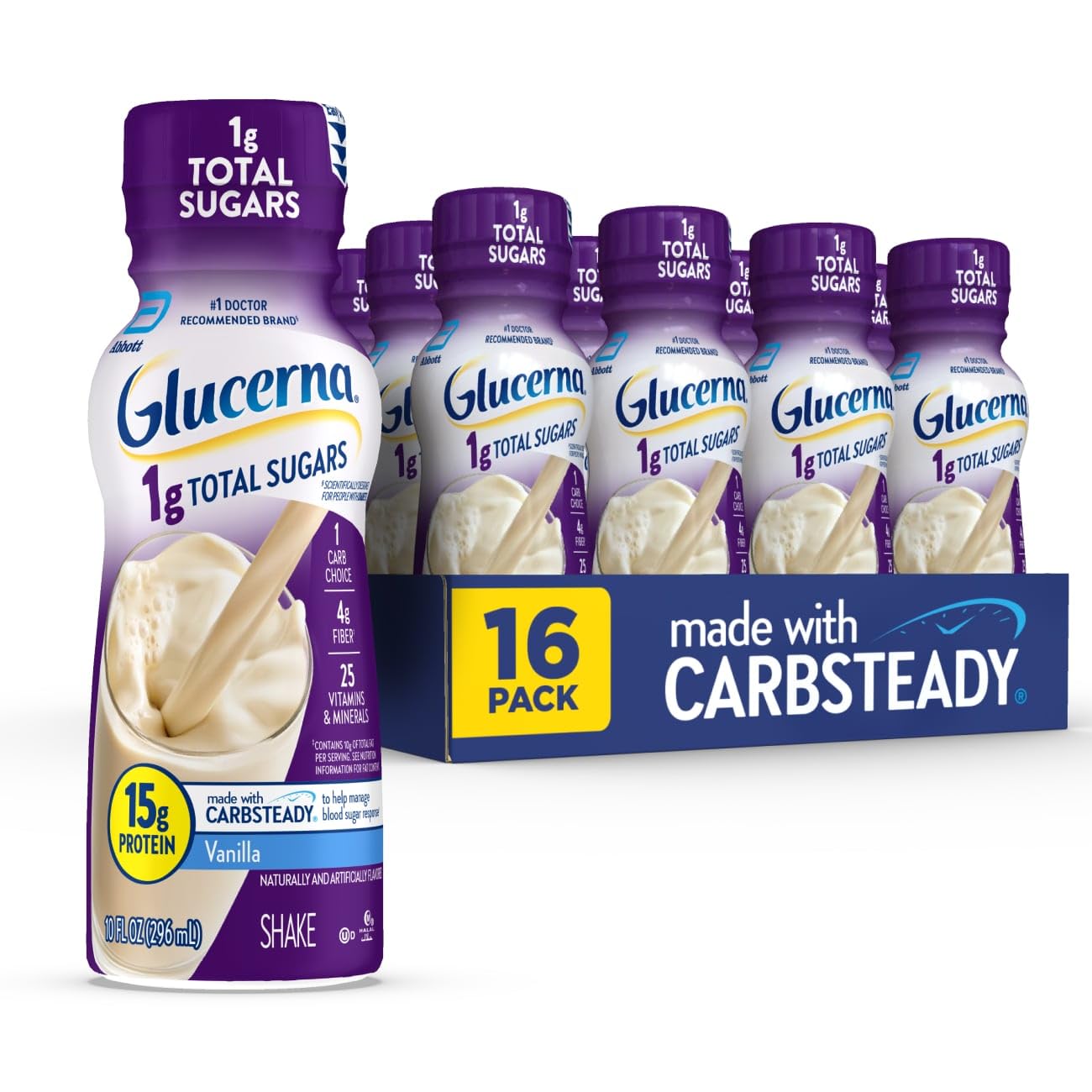 Glucerna Diabetes Care Shake, Vanilla, 10 Fl Oz, Pack of 16, 15g Protein, 180 Calories, Ready to Drink