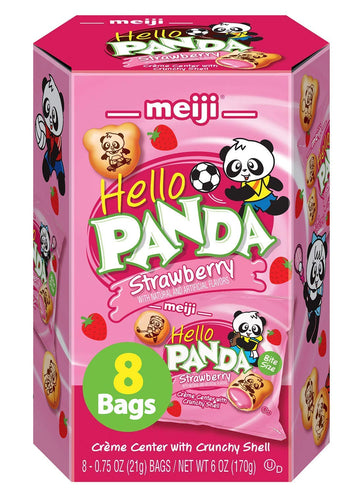 Meiji Hello Panda Cookies, Strawberry Crème Filled - 6 Oz, Pack Of 8, 64 Bags Total - Bite Sized Cookies With Fun Panda Sports