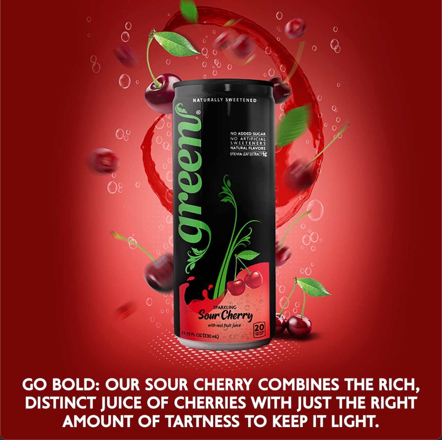 Green Sour Cherry- No added Sugar, 10% Real Sour Cherry Juice, 20 Calories per can, Naturally Sweetened with 100% Stevia Leaf Ex