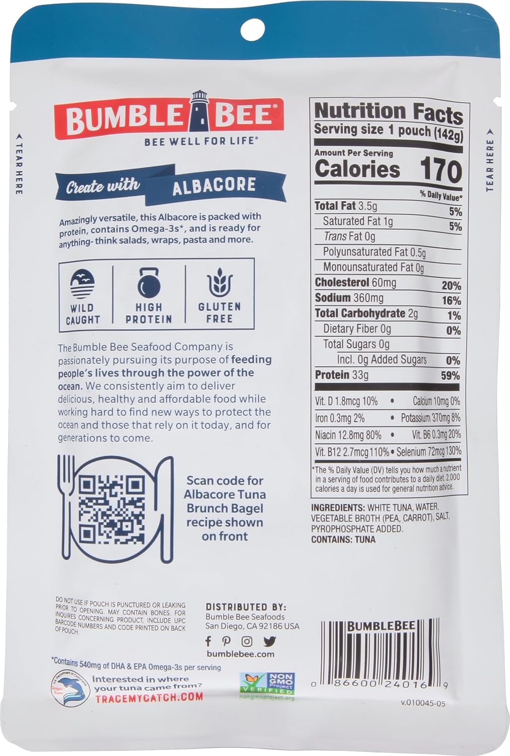 Bumble Bee Chunk White Albacore Tuna In Water, 5 Oz Pouch - Ready To Eat Wild Caught Tuna Packet - 33G Protein Per Pouch, High In Omega-3S - Non-Gmo, Gluten Free, Kosher
