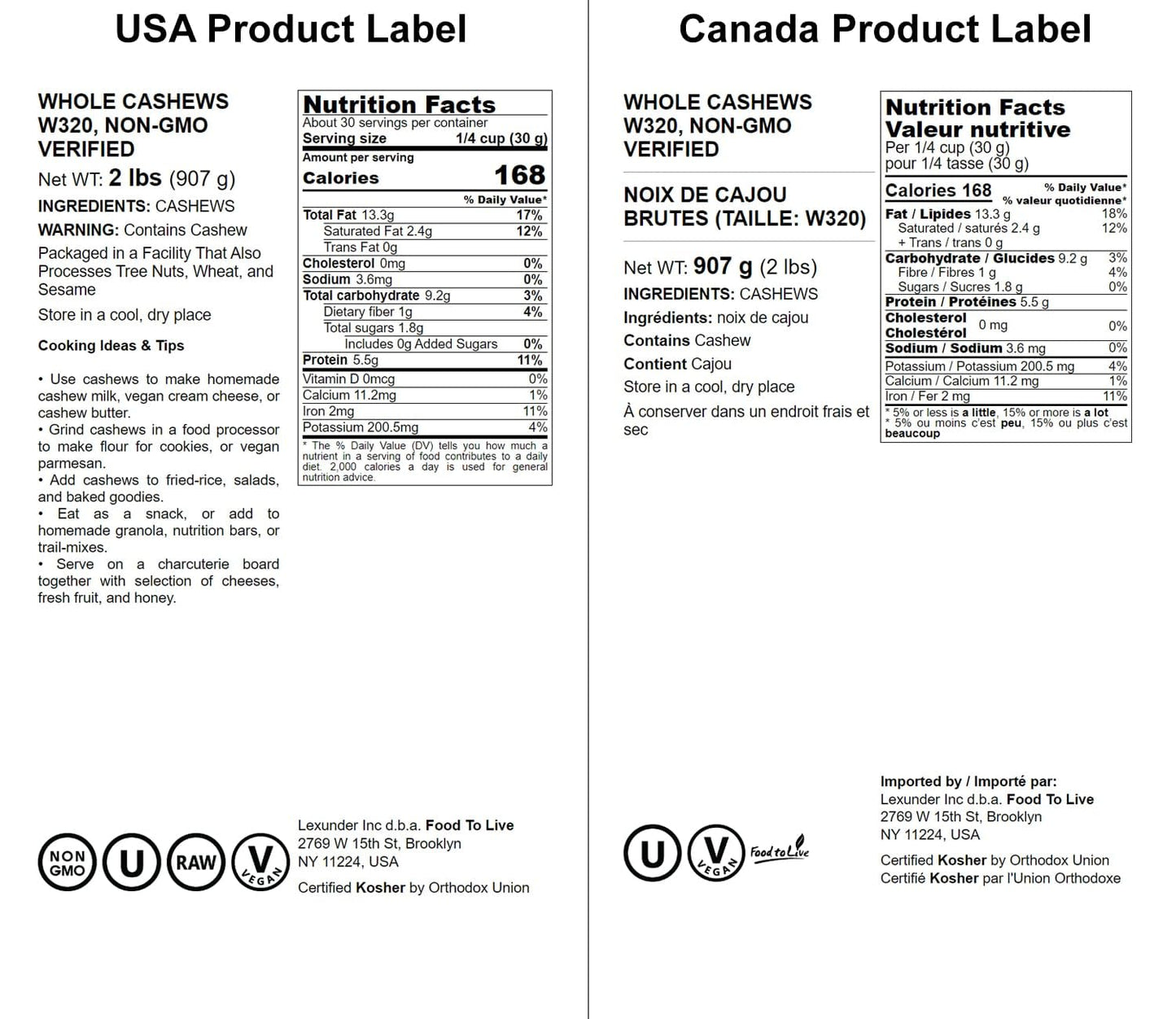 Food To Live - Raw Cashews, 2 Pounds Deluxe Whole Nuts, Unsalted, Unroasted Fancy Snack, Size W-320, Kosher, Vegan, Bulk, A Good