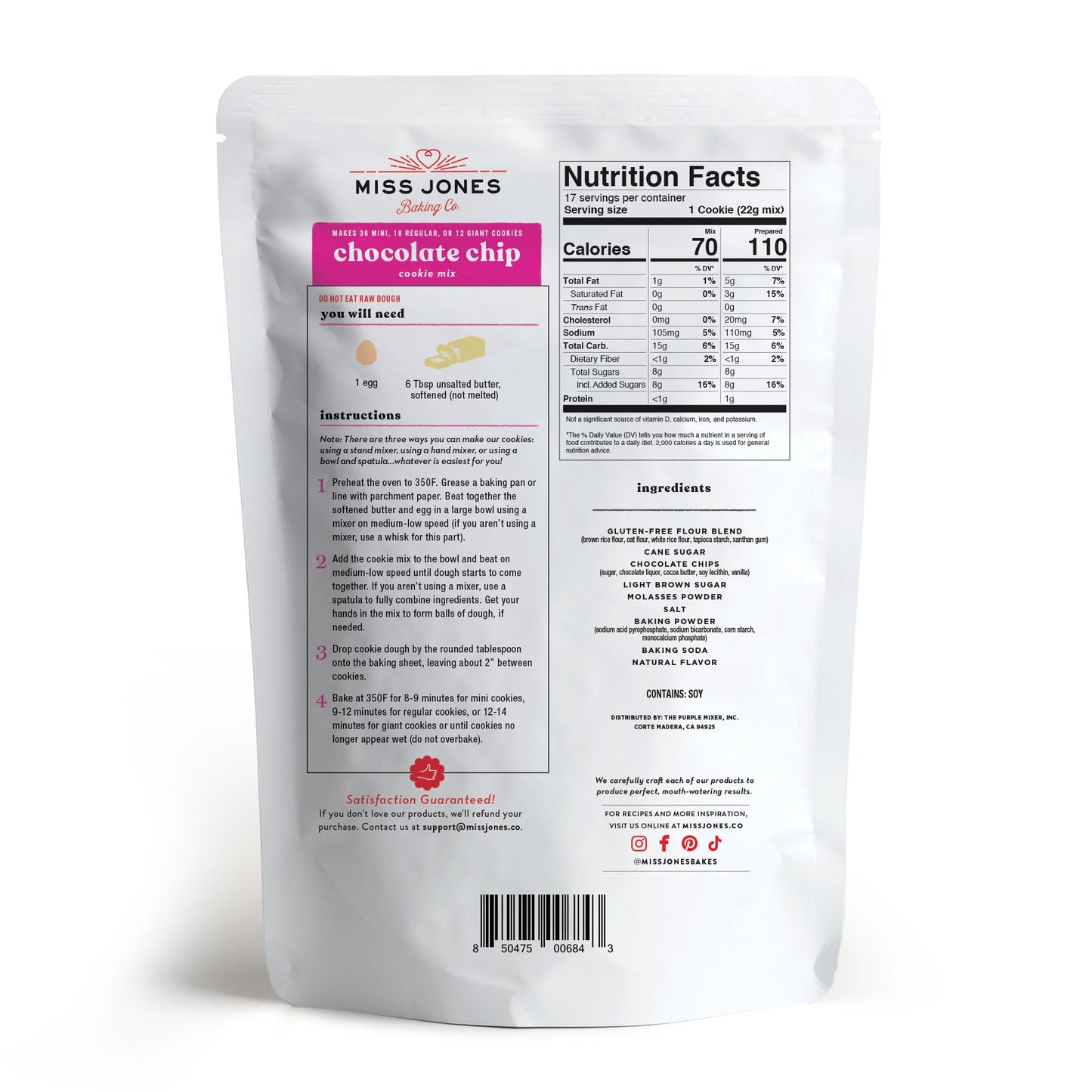 Miss Jones Baking Chocolate Chip Cookie Mix - Whole Grains, More Chocolate Chips, 50% Lower Sugar, Naturally Sweetened Desserts & Treats (Pack Of 6)