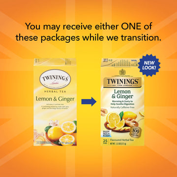Twinings Lemon & Ginger Individually Wrapped Herbal Tea Bags, 25 Count (Pack Of 6), Spicy Ginger, Lemon Peel And Lemongrass, Enj