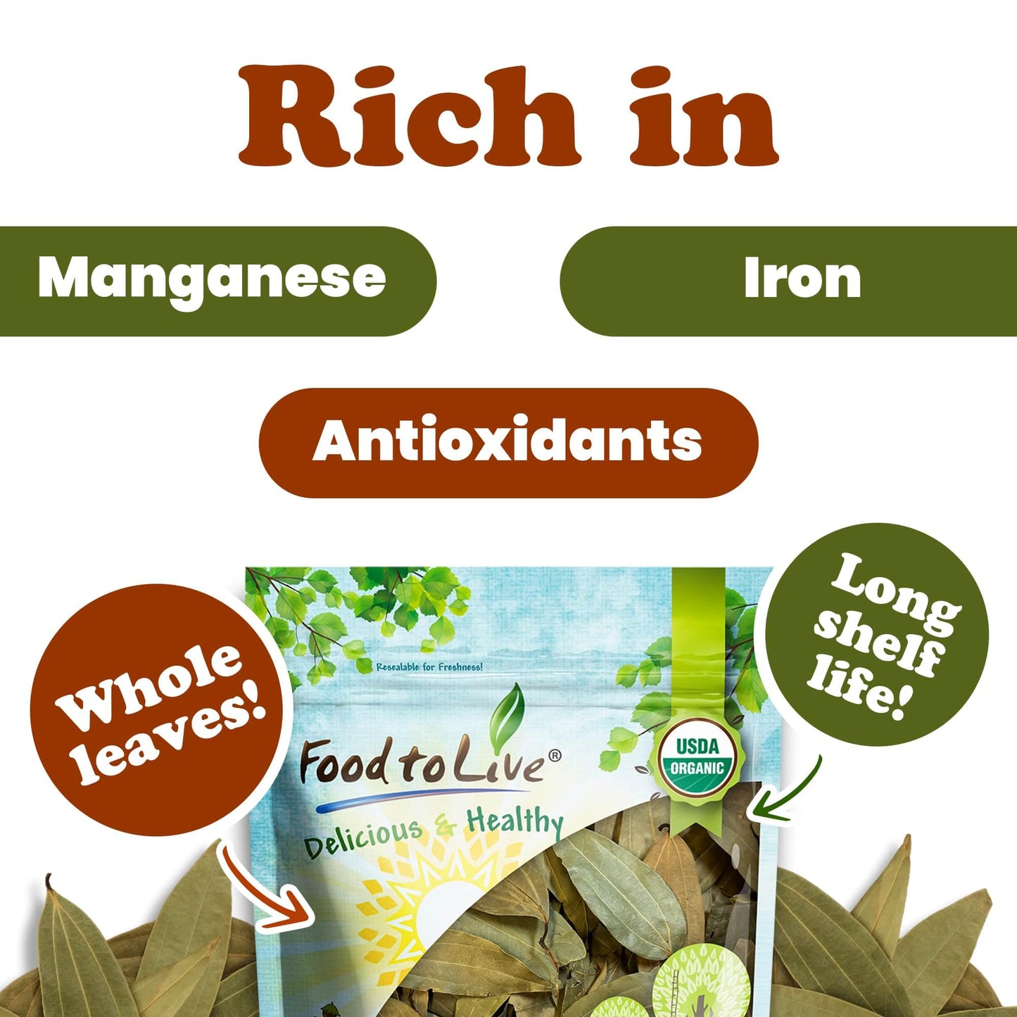 Food To Live - Organic Whole Indian Bay Leaves, 1.5 Pounds - Non-Gmo, Dried, Kosher, Vegan, Bulk, Great For Cooking, Spicing And
