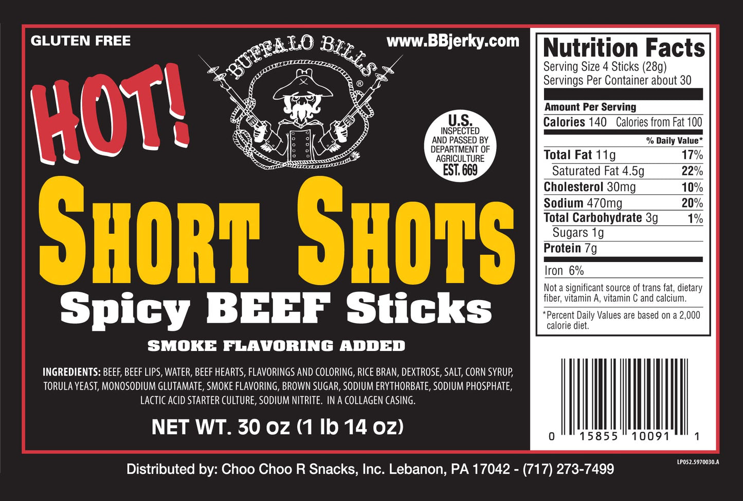 Buffalo Bills Hot Short Shots (120 Hot And Spicy 3.5 Beef Sticks Per 30Oz Bag)