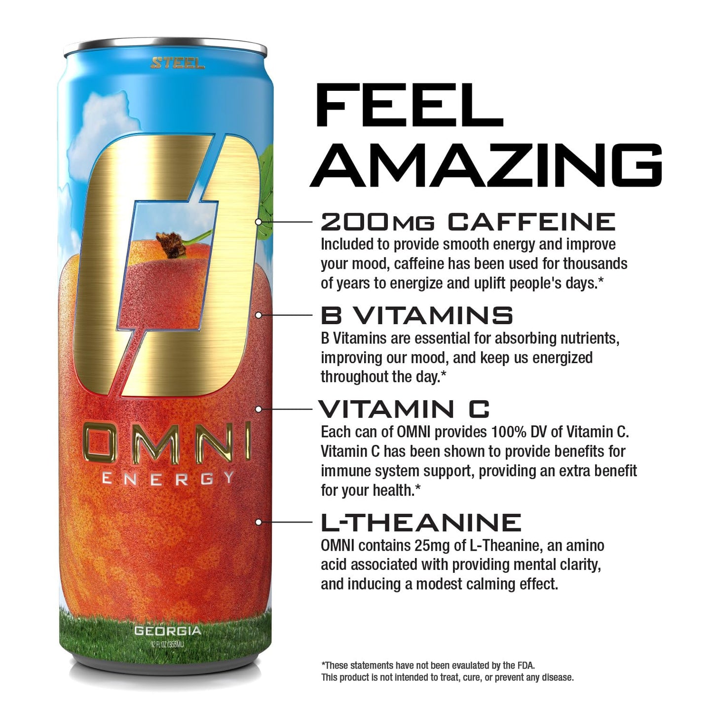 Omni Energy Drink Georgia12 Oz (Pack Of 12) | Contains 200Mg Clean Caffeine, B Vitamins | Sugar-Free, Low Calorie, Energy Drink For All-Day Vitality