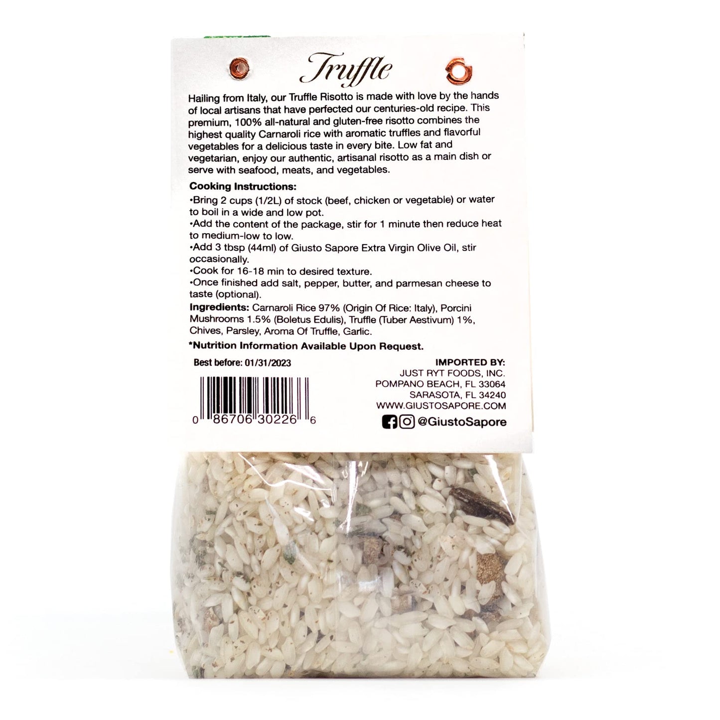 Giusto Sapore Italian Risotto - Truffle - All Natural Gluten Free, No Added Salt - Premium Gourmet 3-4 Serving Size, 8.81 Oz - Imported From Italy And Family Owned