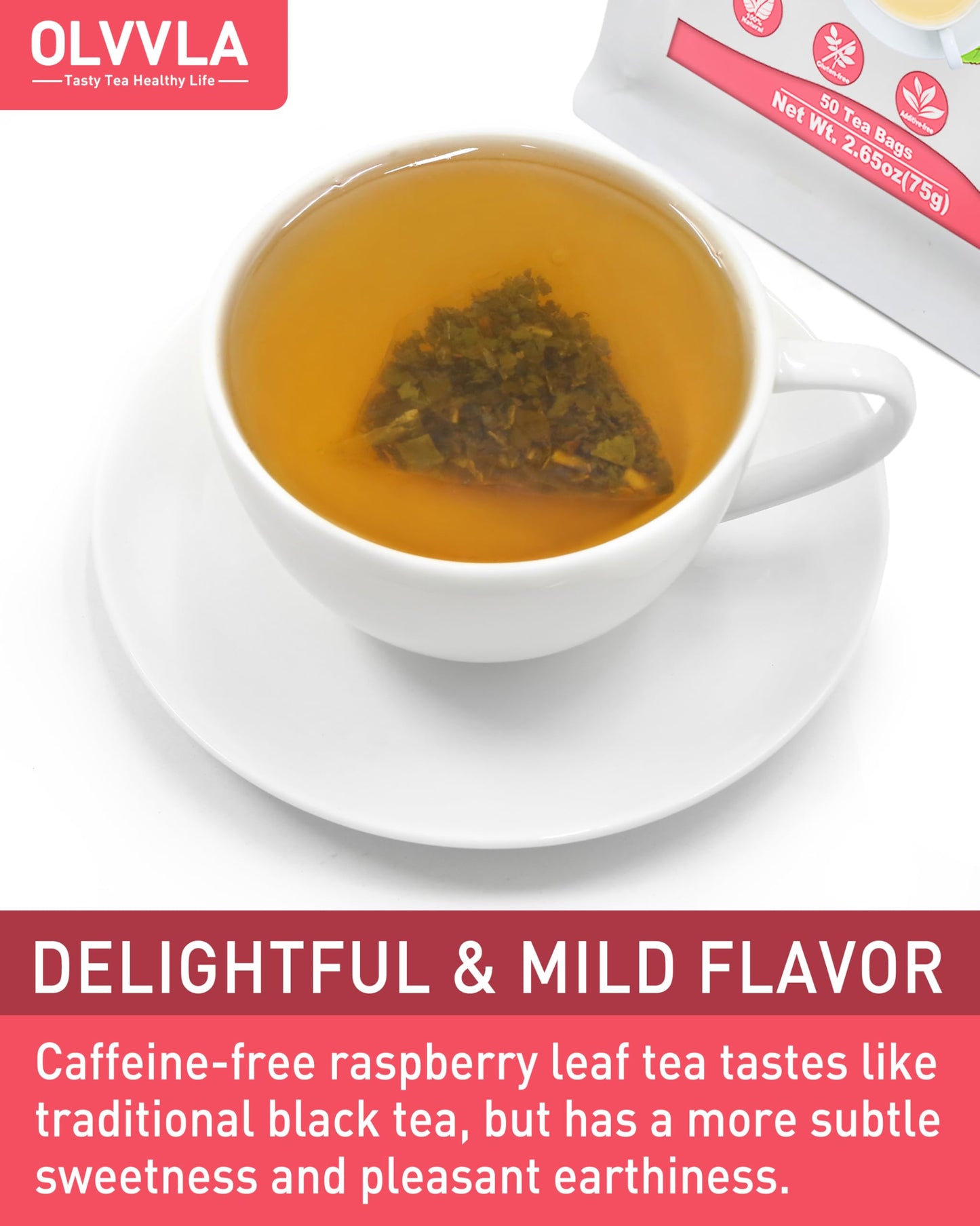 Olvvla Raspberry Leaf Tea Bags - 100% Pure Herbal Tea - Caffeine-free - 50 Count