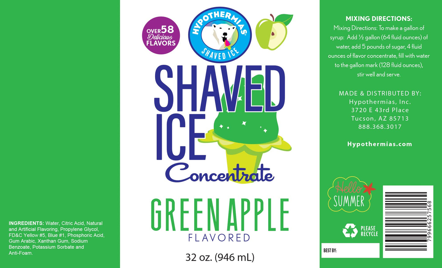 Hypothermias Shaved Ice Syrup Concentrate - Green Apple - Quart (32 Fl Oz) - Makes 8 Gallons - Unsweetened, Must Add Sweetener and Water