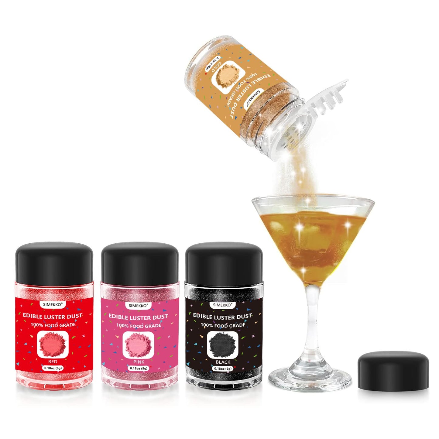 Luster Dust Edible For Drinks 4Colors: Simekko Food Grade Edible Luster Dust For Cakes Drinks Strawberries And Fondant Vegan & Sugar & Gluten Free (5 Gram Each Bottle)