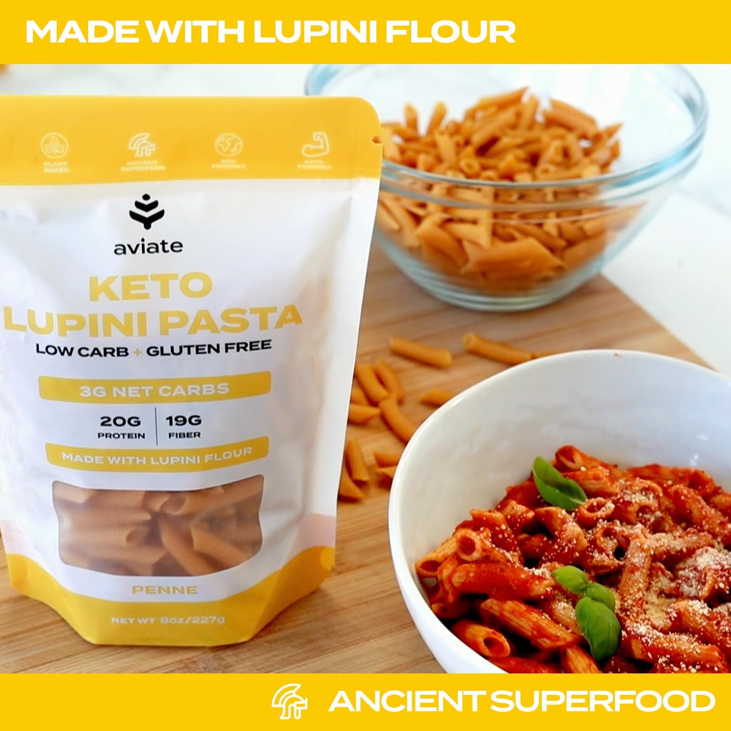 Aviate Keto Pasta Penne - Low Carb (3G Net) Lupini Penne Pasta - High Protein (20G) - Gluten-Free - Made With Lupin Flour [Plant