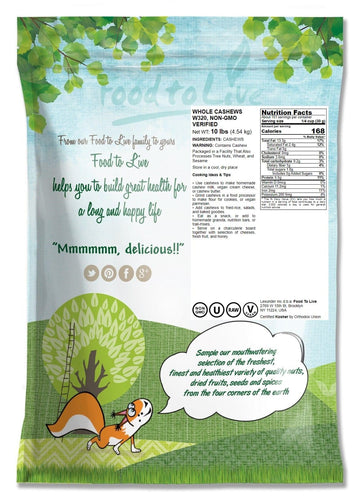 Food To Live - Raw Cashews, 10 Pounds - Deluxe Whole Nuts, Unsalted, Unroasted Fancy Snack, Size W-320, Kosher, Vegan, Bulk, Ric