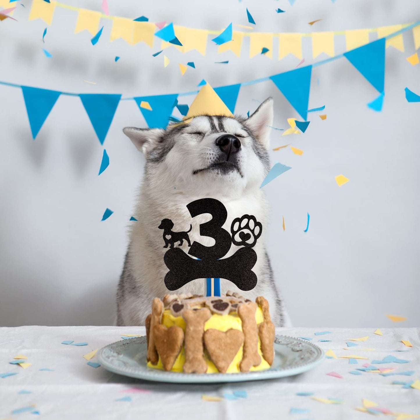 1 Pcs 3Rd Birthday Cake Topper Black Glitter Dog Paw Three Years Old Birthday Puppy Dog Bone Cake Pick For Let'S Pawty Baby Show