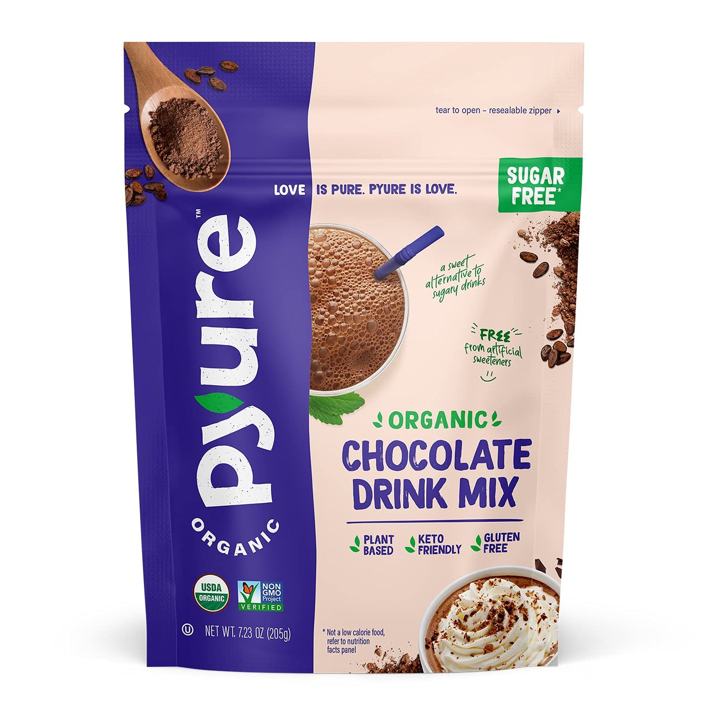 Organic Chocolate Drink Mix With Cocoa By Pyure | Sugar-Free Keto 1 Net Carb | 7.23 Ounce