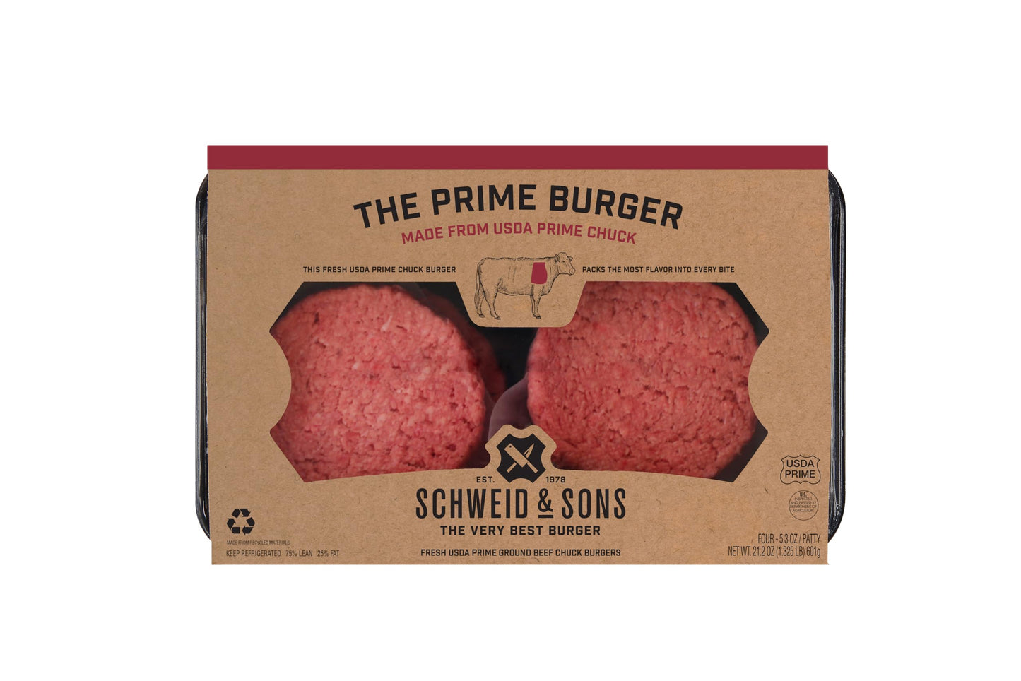 Schweid and Sons, The Prime Burger, Beef Chuck Burgers, 75% Lean/25% Fat, USDA Prime, 1.325 lb, Pack of 4