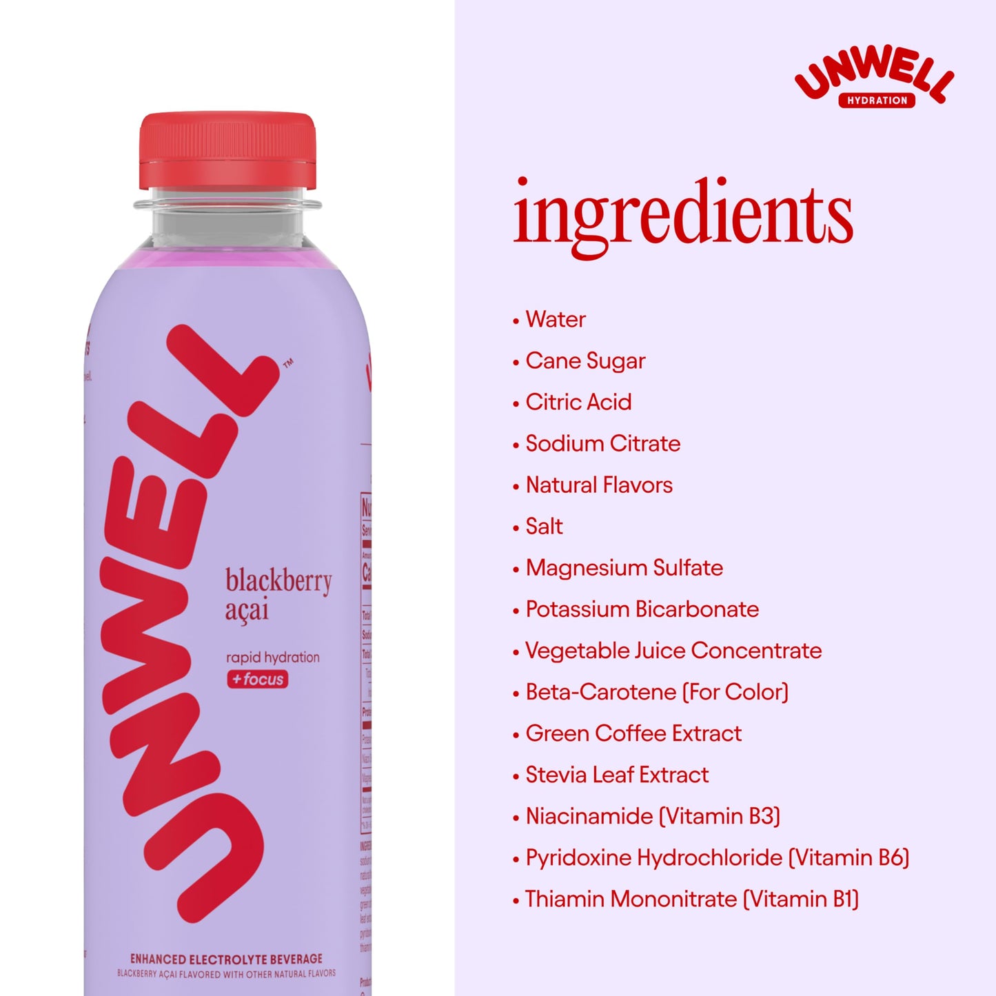 Unwell Hydration Electrolyte Drink For Rapid Hydration + Focus - Blackberry Acai 12 Pack