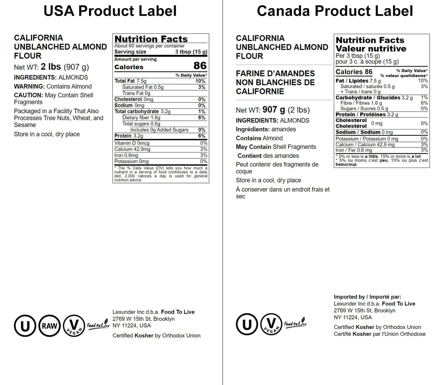 Food To Live California Unblanched Almond Flour, 2 Pounds - Natural Meal, Finely Milled With Skin On, Raw Kosher Vegan Keto Pale