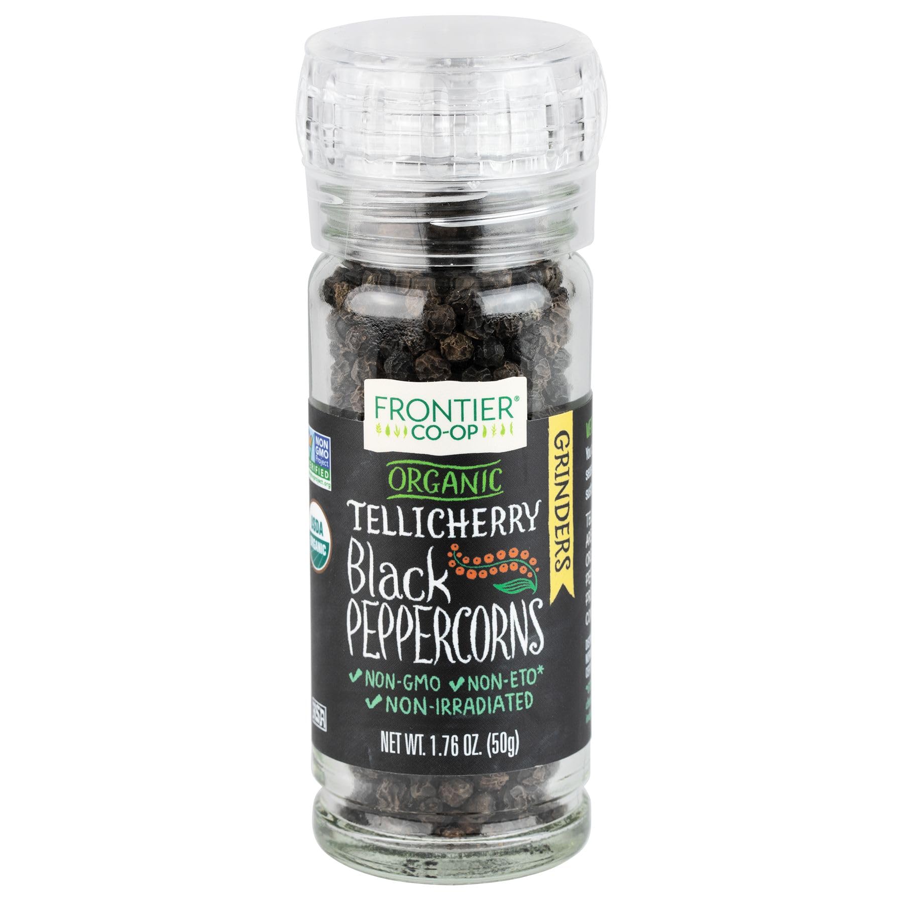Frontier Organic Tellicherry Black Peppercorns With Grinder, 1.76 Oz