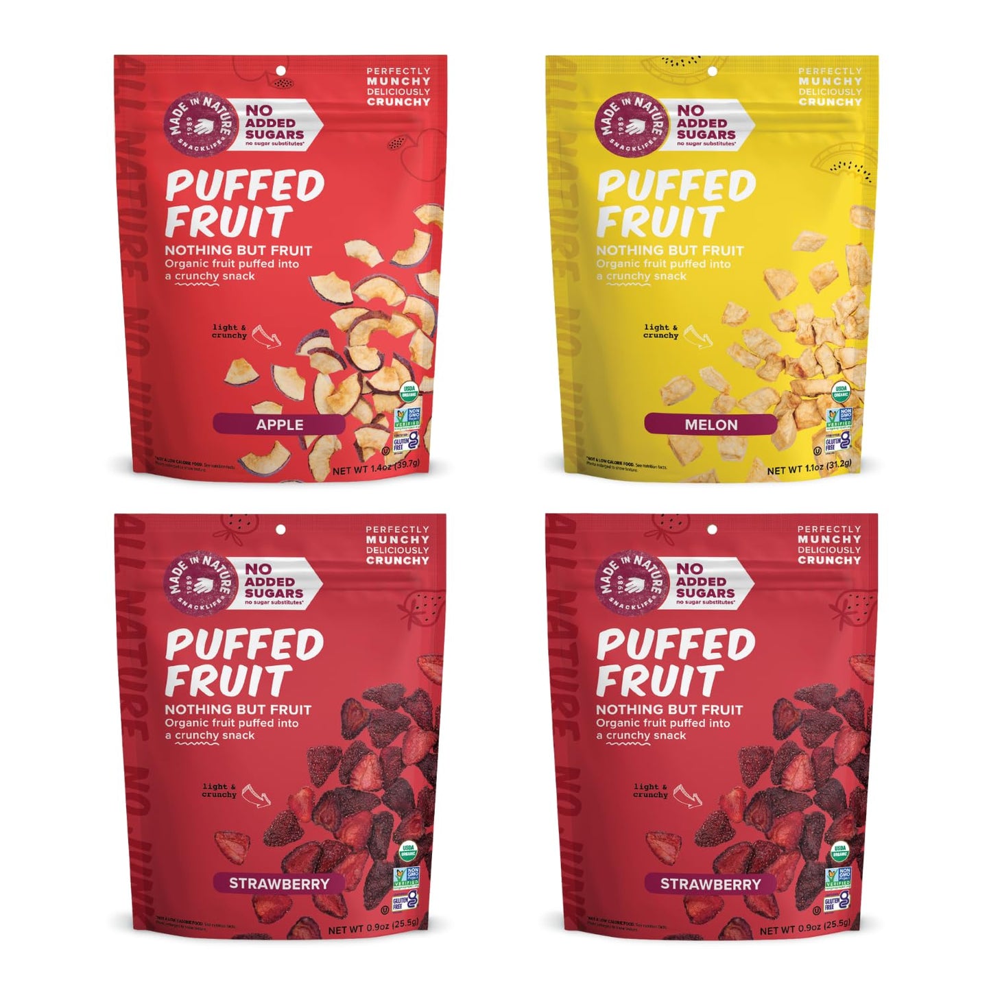 Made In Nature Organic Puffed Fruit, Variety Pack (Pack of 4) - 2 Strawberry, 1 Apple, 1 Melon, Air-Dried & Crispy, No Added Sug