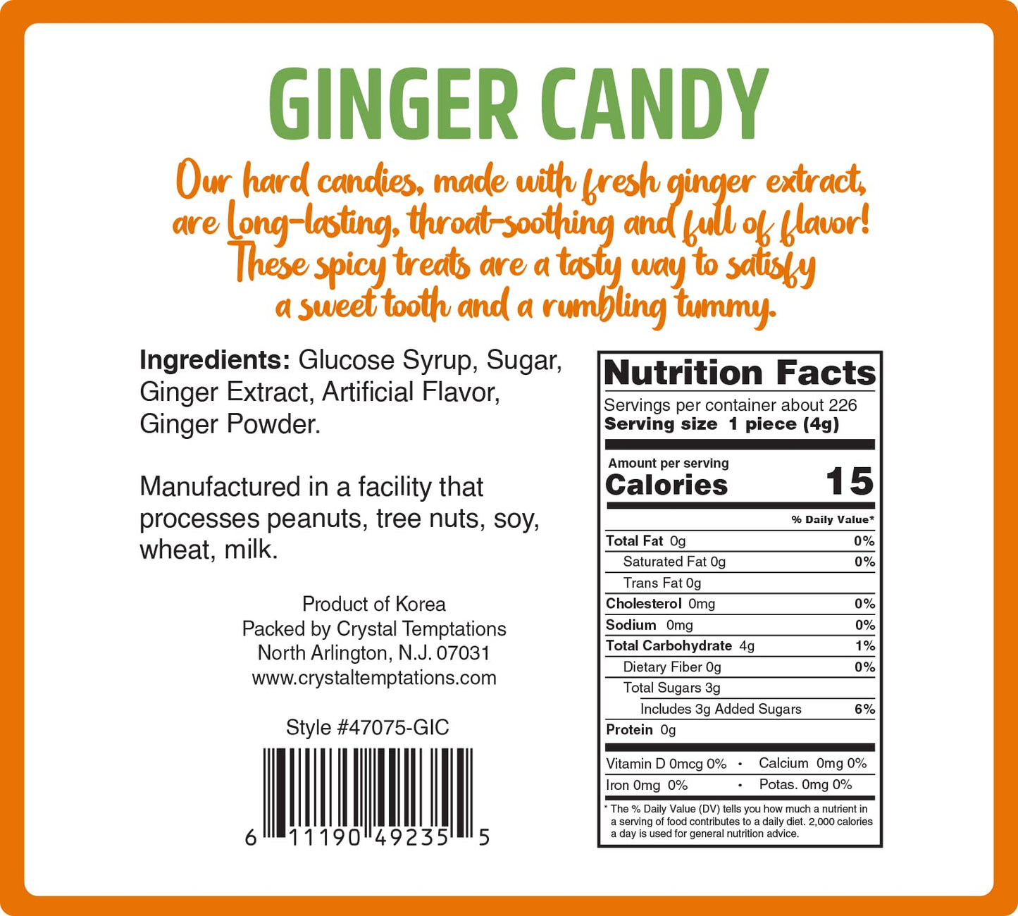Ginger Hard Candy, Original Flavor 2 lb bag, Individually Wrapped Healthy Candy, The Sweet and Spicy Natural Remedy for Anti-Nau