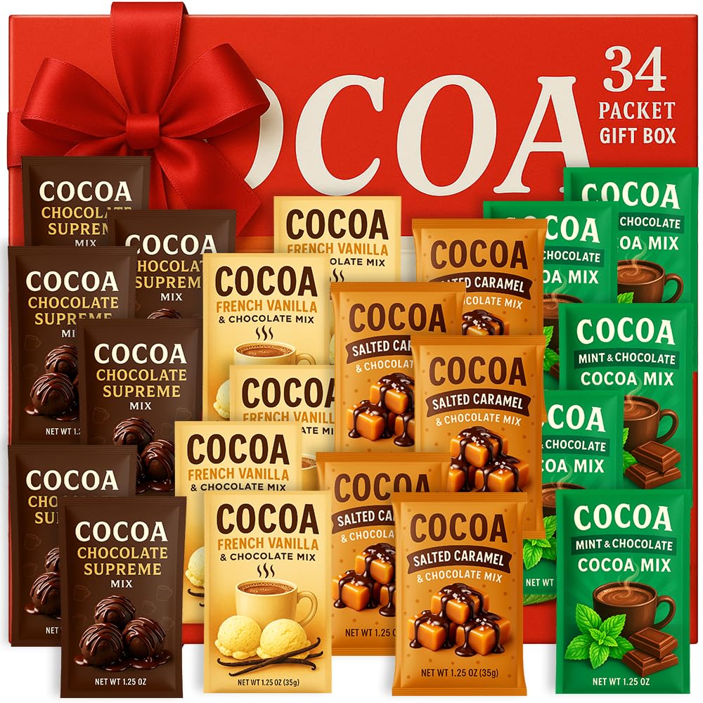 Hot Chocolate Cocoa Mix Variety Gift Pack 34 Individual Packets - French Vanilla, Salted Caramel, Mint, & Chocolate Supreme Flavors - Instant Hot Cocoa Holiday Treat Christmas Gift